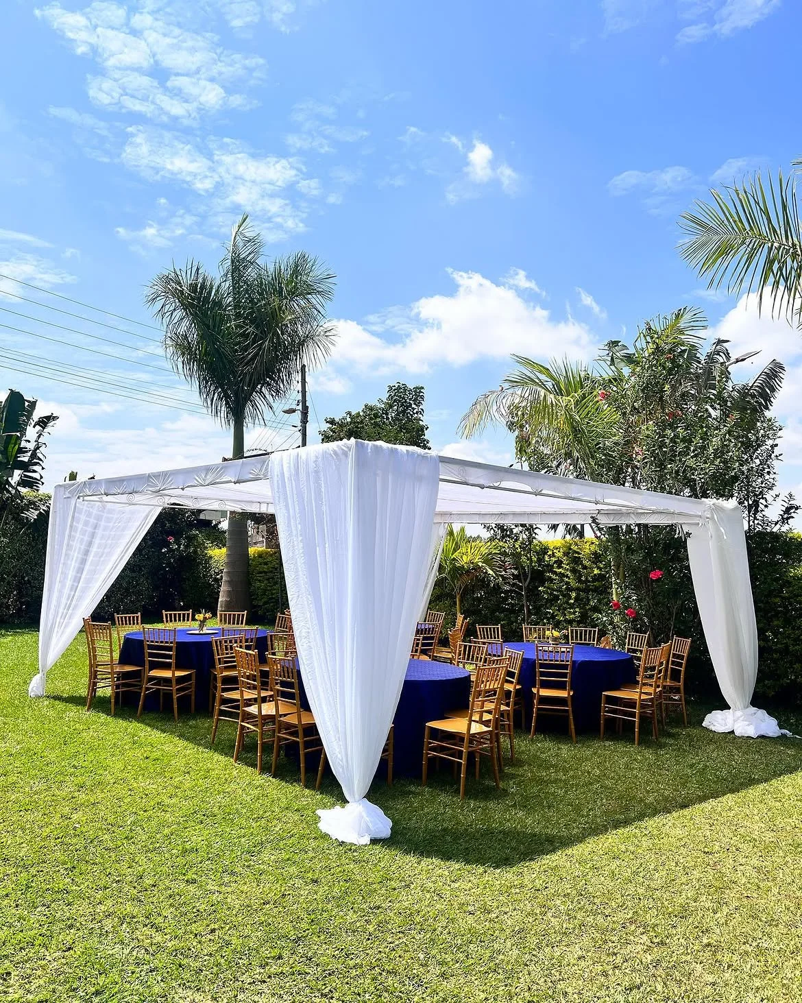 Canopy tent hire Nairobi in pink, blue, white and purple spandex, with 12x12, 17x17 and 17x34 ft tents available from Sherehe Events & Rentals.