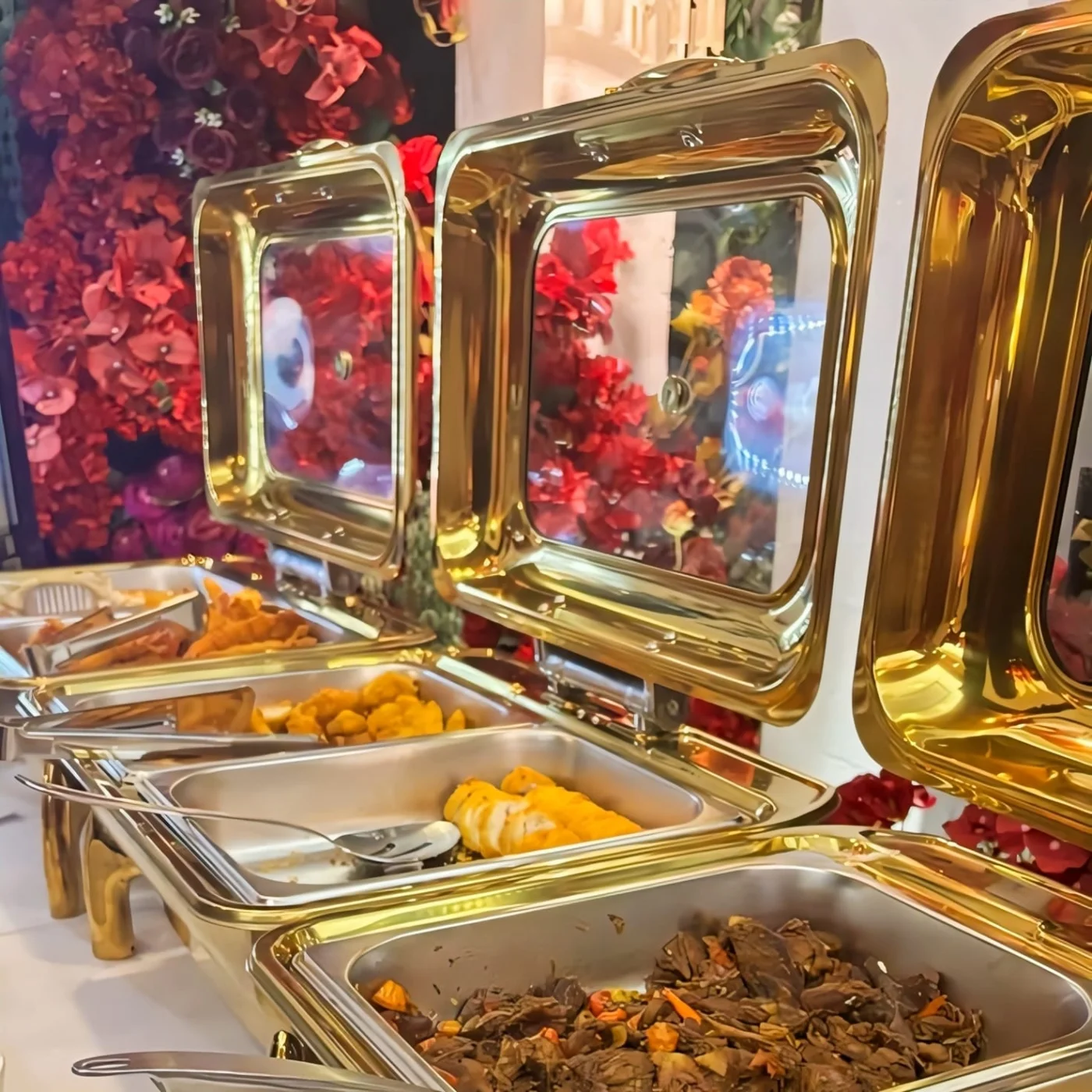 Gold and silver chafing dishes for hire in Nairobi for wedding and buffet catering