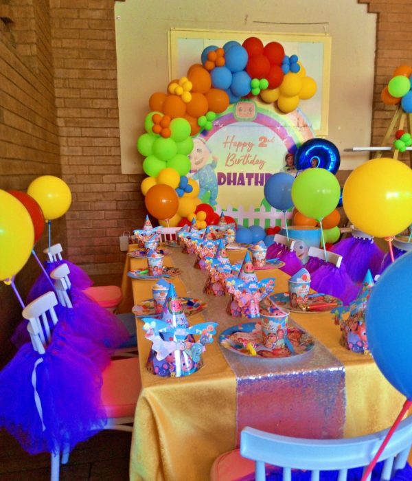 Kids party balloons decorations tables and chairs