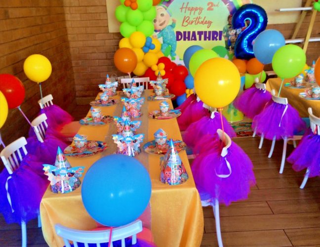 Kids party balloons decorations tables and chairs