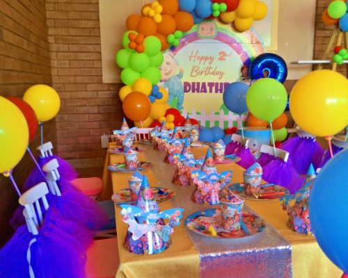 Kids party balloons decorations tables and chairs