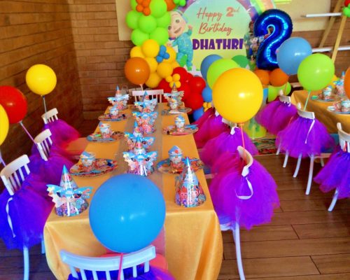 Kids party balloons decorations tables and chairs